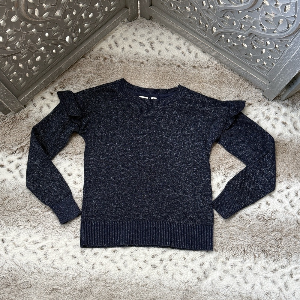 GAP Kids blue sparkly ruffle sleeve sweater girls medium preppy glam holiday